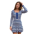 thumbnail image 1 of Argulvti Robe Mini en Tricot de Printemps pour Femme Couleur Unie/imprimé à Rayures Manches Longues Encolure Dégagée Robe Trapèze, 1 of 8