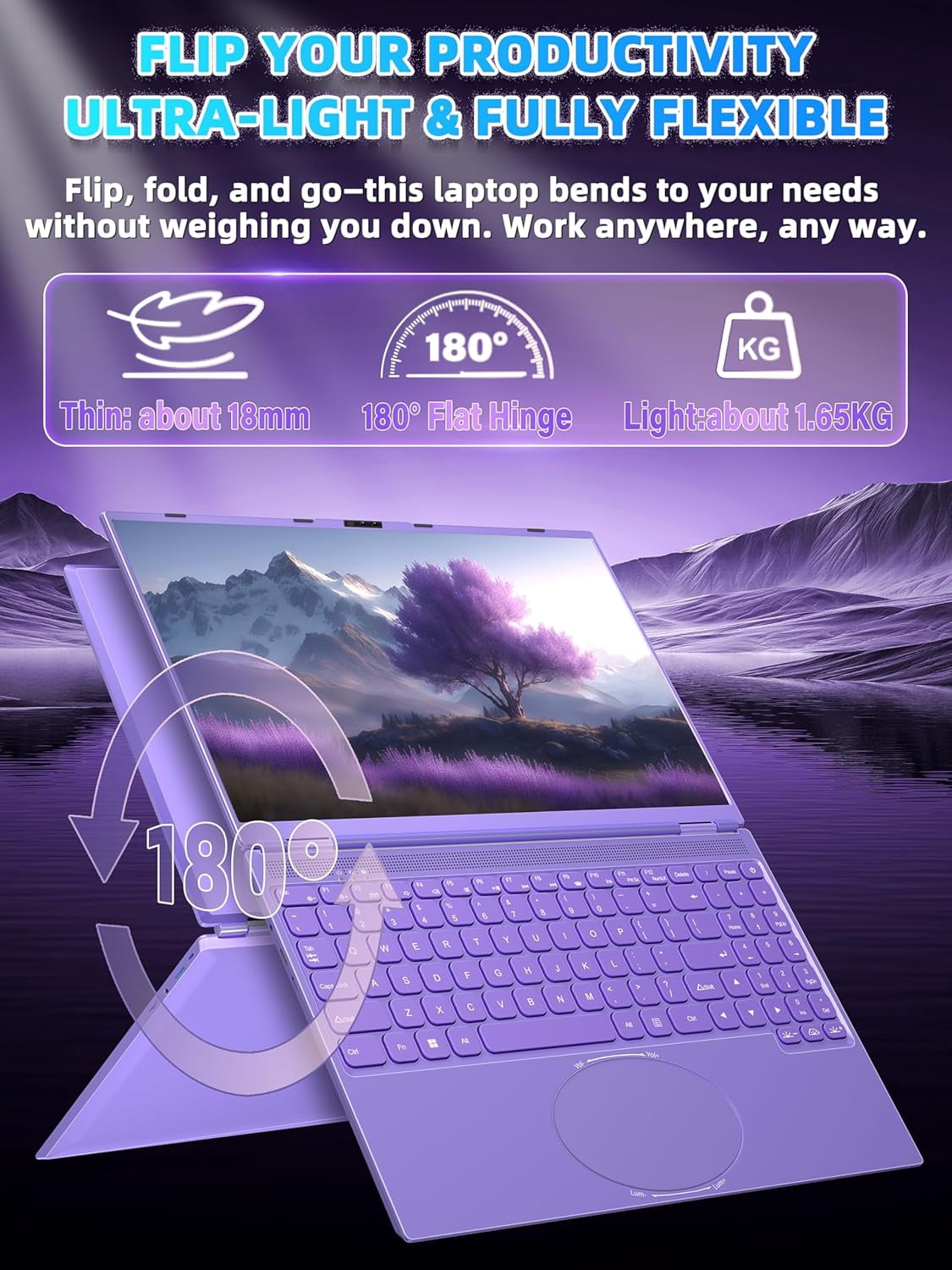【Win 11 Pro/MS Office 2019】16" Purple Laptop,Ultra-Narrow Bezel Full HD (1920x1080),Celeron N95 (3.4GHz), 16GB RAM 1T SSD,Color Backlit KB, Face Unlock, USB-C/HDMI/WiFi/BT, for Business Study