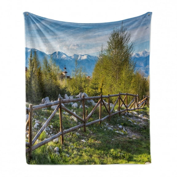 Farmland Soft Flannel Fleece Throw Blanket, Idyllic Scene with Tree Trunk Plank and Snow Mountain Range the Alps Photo, Cozy Plush for Indoor and Outdoor Use, 60" x 80", Green Blue, by Ambesonne