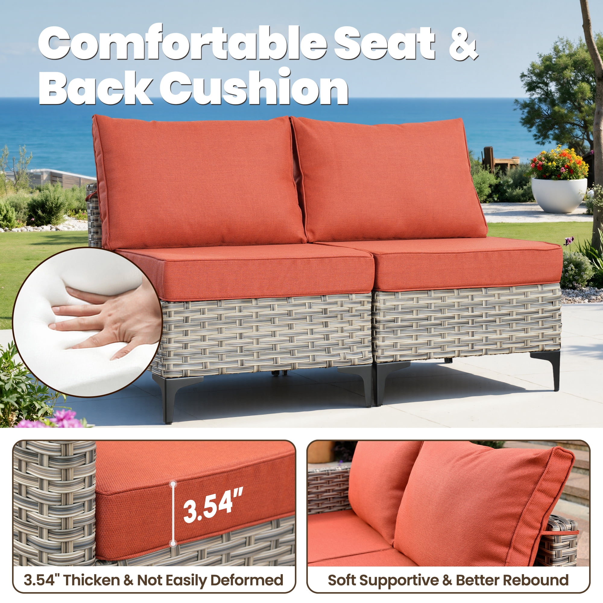 Vcatnet Outdoor Patio Furniture Sets 8 Pieces Sectional Sofa Wicker Conversation Set with Swivel Glider Chairs and Solar Powered Coffee Table for Porch, Deck, Coarse Orange Red