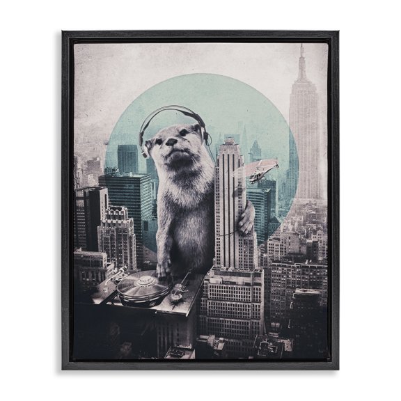 Stupell Industries DJ Otter over Cityscape Music Painting Black Floater Framed Canvas Art Print Wall Art, 17 x 21