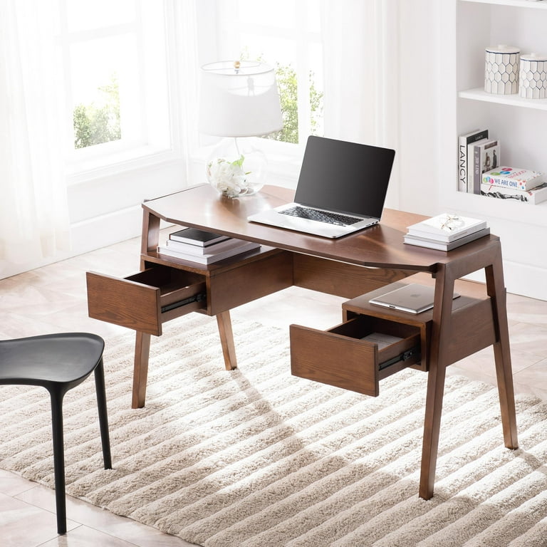 Modern Simple Home Office Desk, Mid Century Modern Computer Writing Desk  with Drawer Solid Wood Legs and Open Storage Cubby, Small Vanity Table Desk