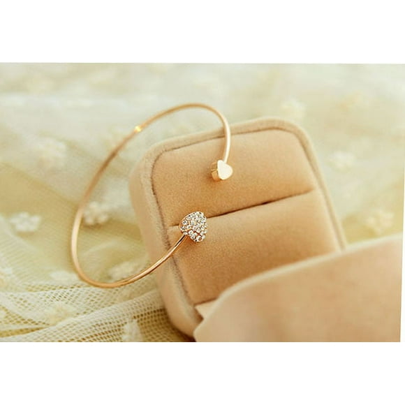 Girl Love Heart Rhinestone Open Bangle Bracelet