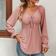 thumbnail image 2 of YYDGH Women's V Neck Drawstring Ruched Tops Puff Long Sleeve Ruffle Cuff Shirts Solid Color Casual Blouses Pink XL, 2 of 5