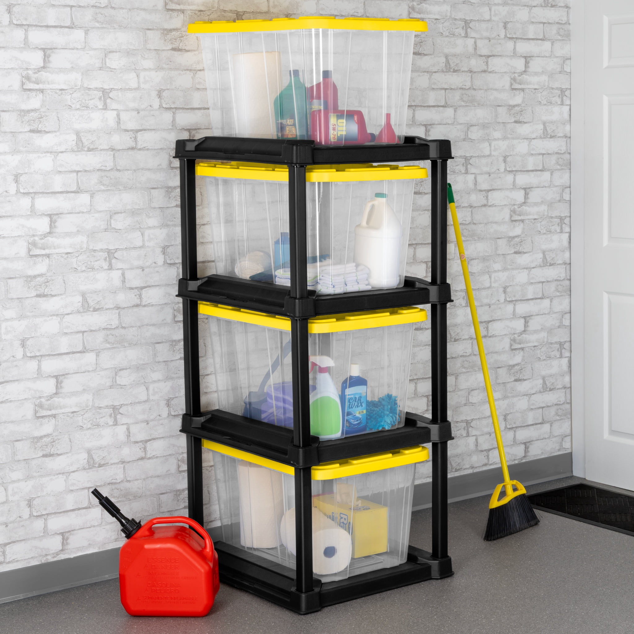 Sterilite 4-Tier Tote Rack with 4 27-Gallon Clear Storage Totes Bundle, Heavy-Duty Garage Organization