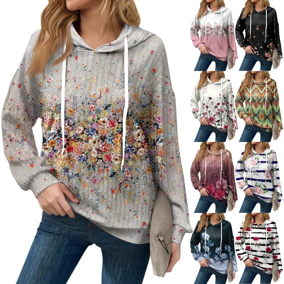 Hoodies For Women Oversized Winter Cute Sweatshirts Pullover Trendy Fall Clothes, Floral Print Lightweight Design without Pockets for Fall Winter Style and Comfort,Beige,L