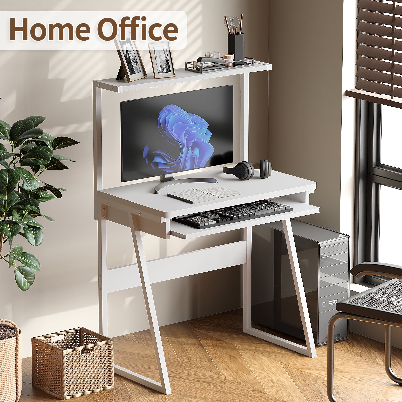 MIN EN WIN 2 Tiers Small Computer Desk for Small Space, Compact Laptop Table Workstation with Keyboard Tray, Study PC Table for Home Office, White