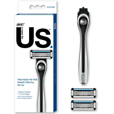 BIC Us 5-Blade Unisex Razor Starter Kit for Men and Women, Silver, Smooth Shave, 1 Handle & 2 Cartridges
