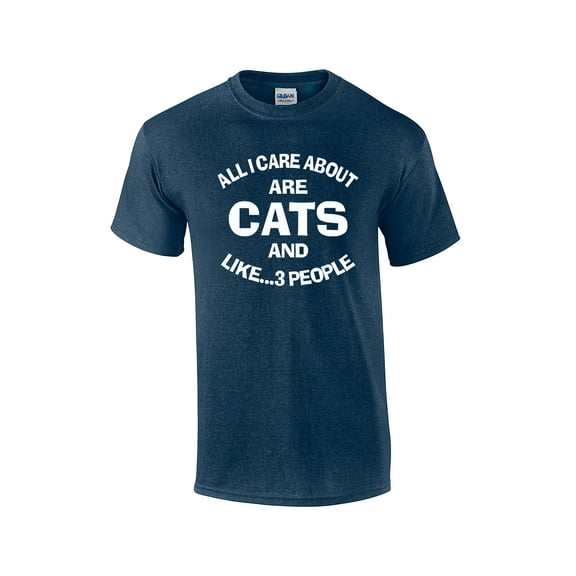 Funny I Care About Cats and 3 People Adult Short Sleeve T-Shirt-Heather Navy-Small