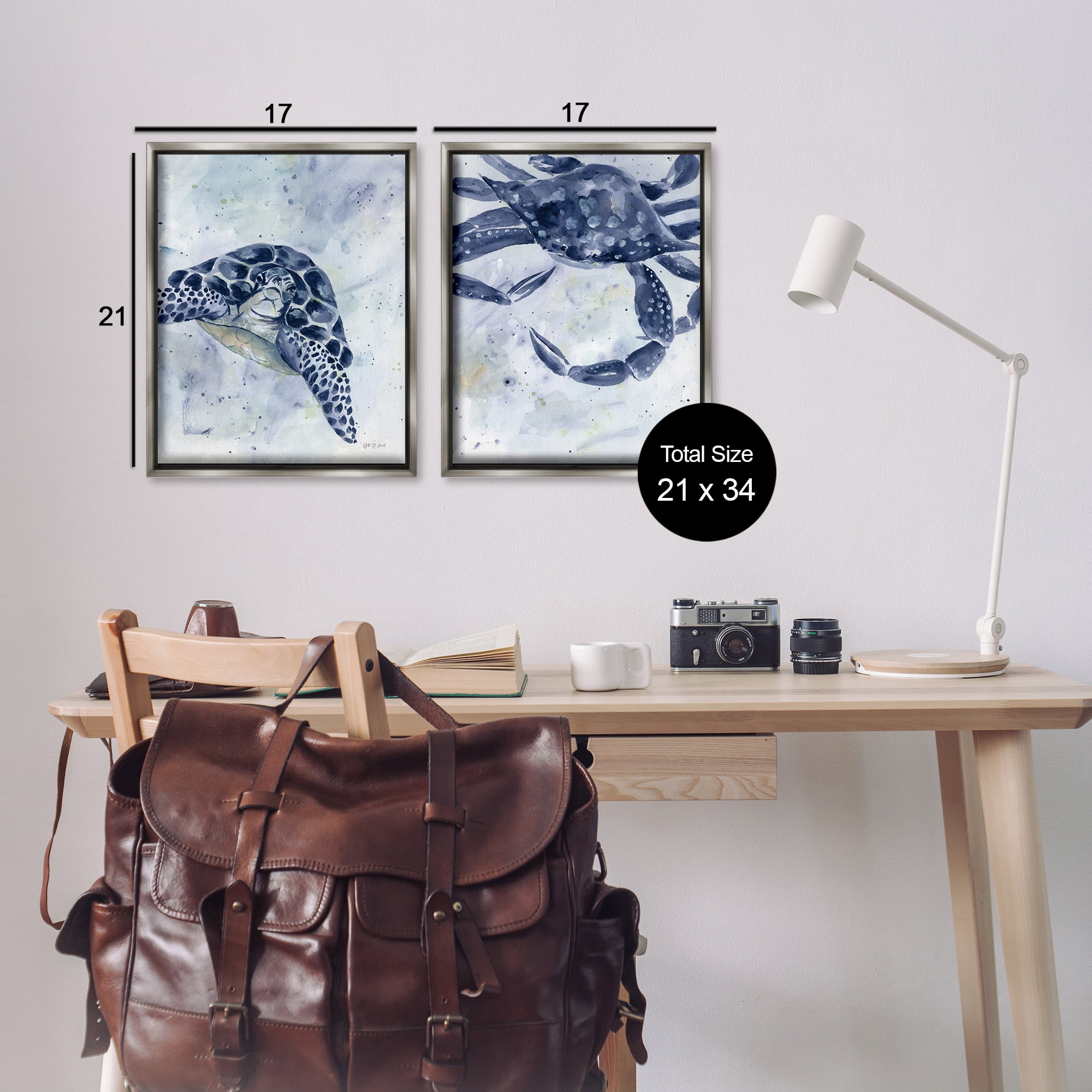 Stupell Industries Sea Creatures Turtle & Crab Nautical & Beach Painting Gray Floater Framed Canvas Art Print Wall Art, 17 x 21, Set of 2
