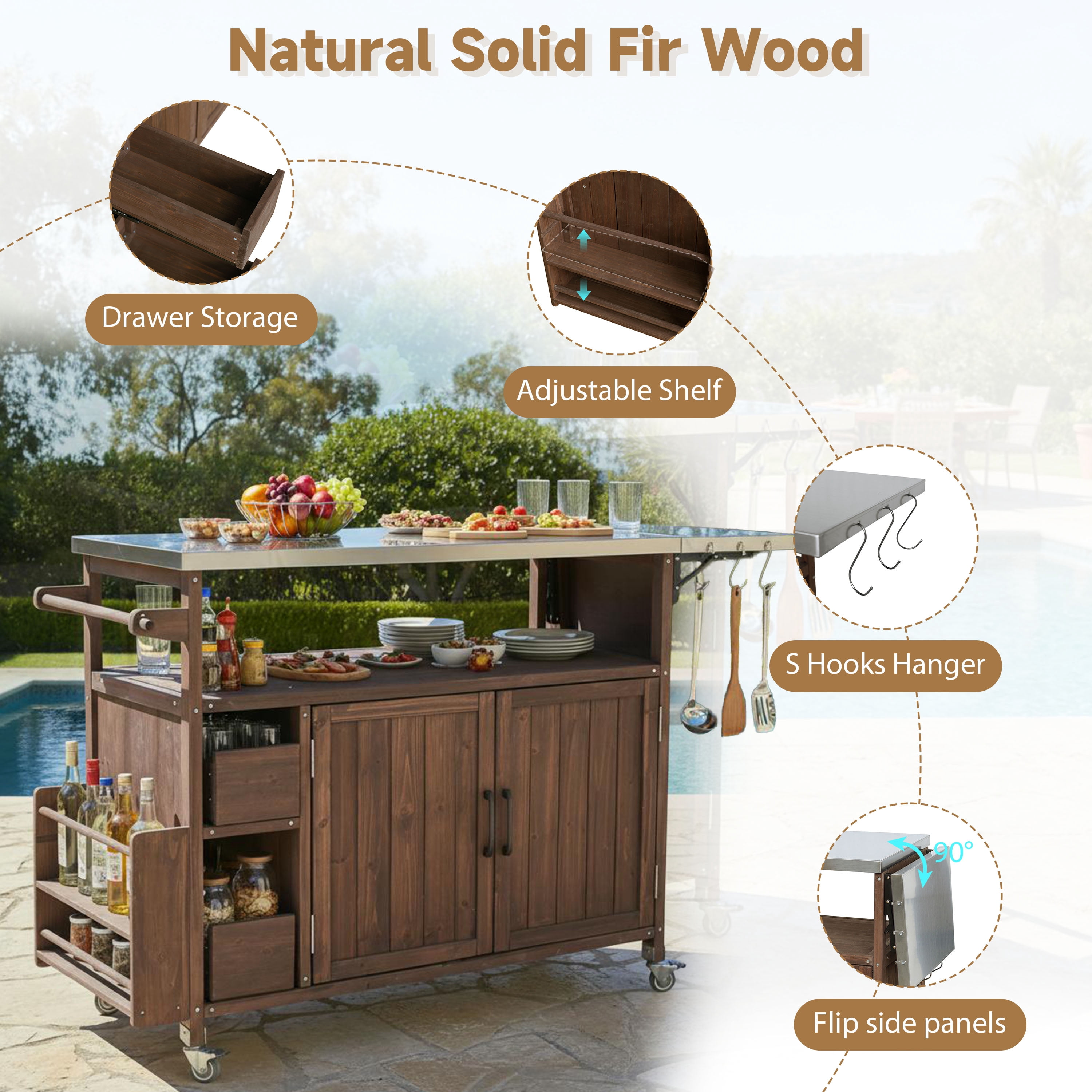 Rolling Kitchen Cart, 54.33 Inch Farmhouse Outdoor Serving Cart for Patio Backyard BBQ, Dark Brown