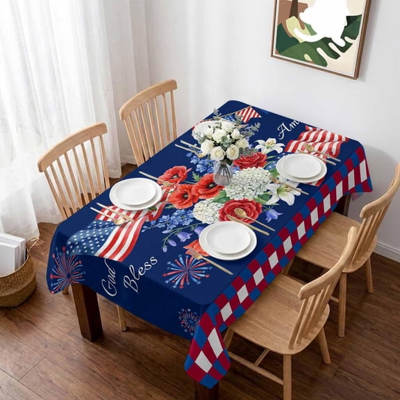250th Anniversary Table Cloth Waterproof Tablecloths, Independence Day Floral Navy Blue Tablecloth Dining Table Cover for Kitchen Party Tabletop Outdoor, Rectangle Tablecloth 60x84 Inch