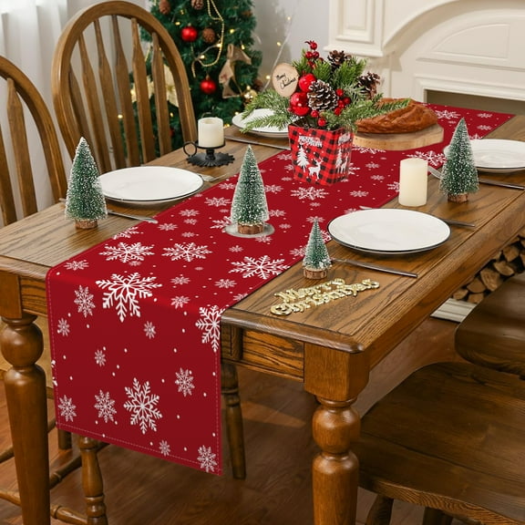 SUNOLIFE Red Snowflakes Table Runner Winter Snow Kitchen Dining Table Decorations 13 x 72 Inch