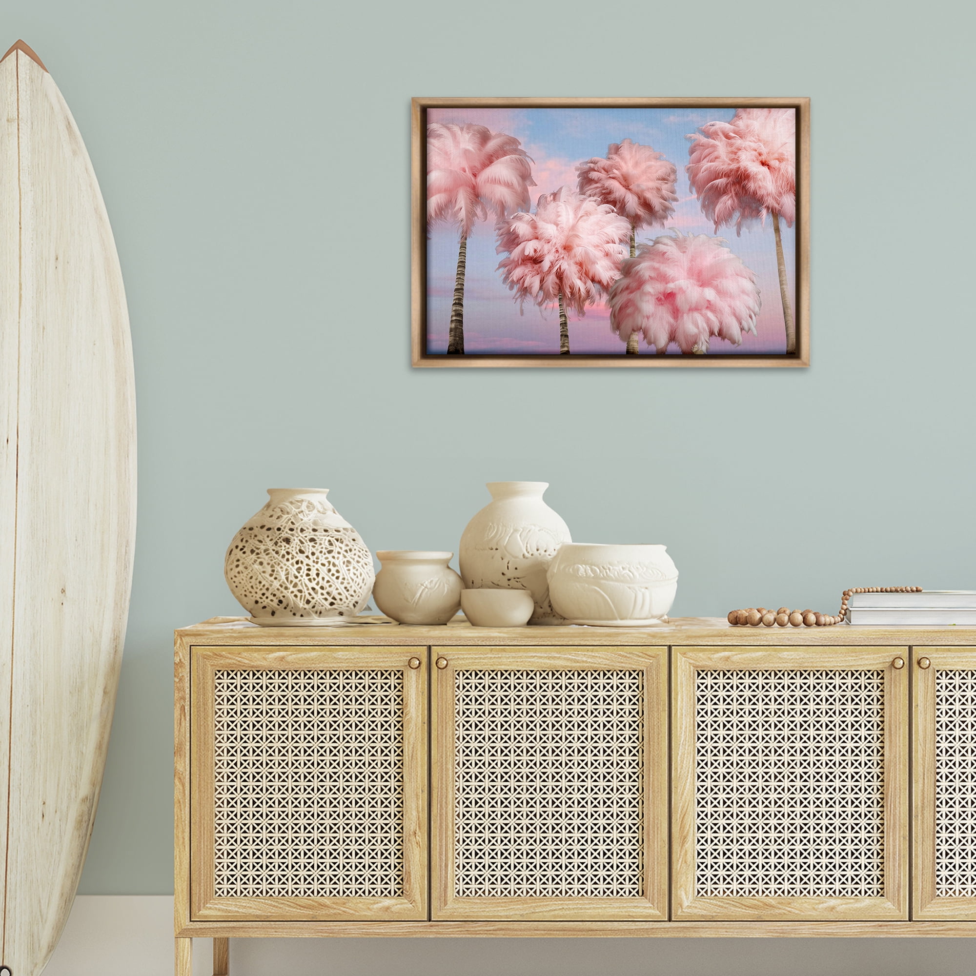 Stupell Industries Fluffy Pink Palm Trees Botanical & Floral Painting Brown Floater Framed Canvas Art Print Wall Art, 31 x 21