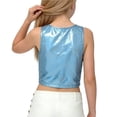 thumbnail image 3 of Girls Shiny Metallic Tank Tops Summer Sleeveless Ruffle Trim Crop Top Vest Belly Dance Sparkly Stage Y2k Outfits( Sky Blue, 9-10 Years ), 3 of 5