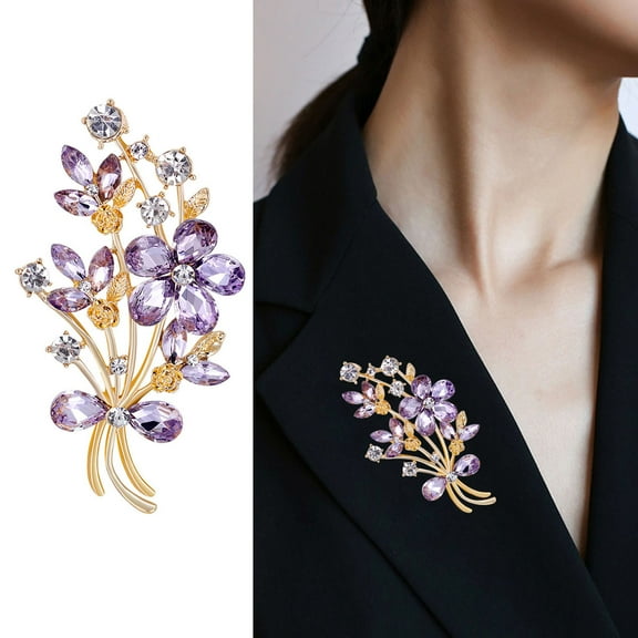 Eosunjian Women Elegant Bouquet Shape Brooch Shiny Rhinestones Inlaid Pin Suit Collar Shawl Scarf Badge Costume Accessories Purple