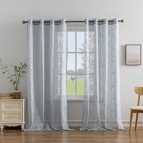 Sunyuer Lace Curtains for Bedroom Living-Room Wheat Embroidered Voile Drapes Light Filtering Wedding Lace Sheer Curtain Panels for Grommet Top, 2 Panels