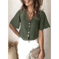 thumbnail image 3 of QWZNDZGR Womens Casual Solid Color Short Sleeve Shirt V Neck Button Down Blouses, 3 of 5