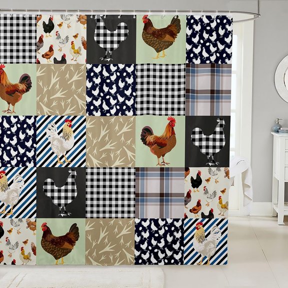 Farmhouse Chicken Patchwork Shower Curtain Waterproof Fabric Bathroom Decor with Hooks 71x71 inches