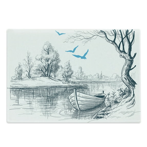 Landscape Cutting Board, Boat on Calm River Trees Birds Twigs Sketch Drawing Clipart Water Minimalist, Decorative Tempered Glass Cutting and Serving Board, Large Size, White Grey Blue, by Ambesonne