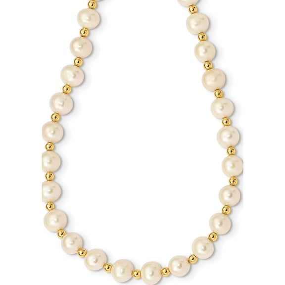 14K Yellow Gold 6-7mm White Near Round Fw Cultured Pearl Bead Necklace (18 X 7.45) Made In Canada xf740-18