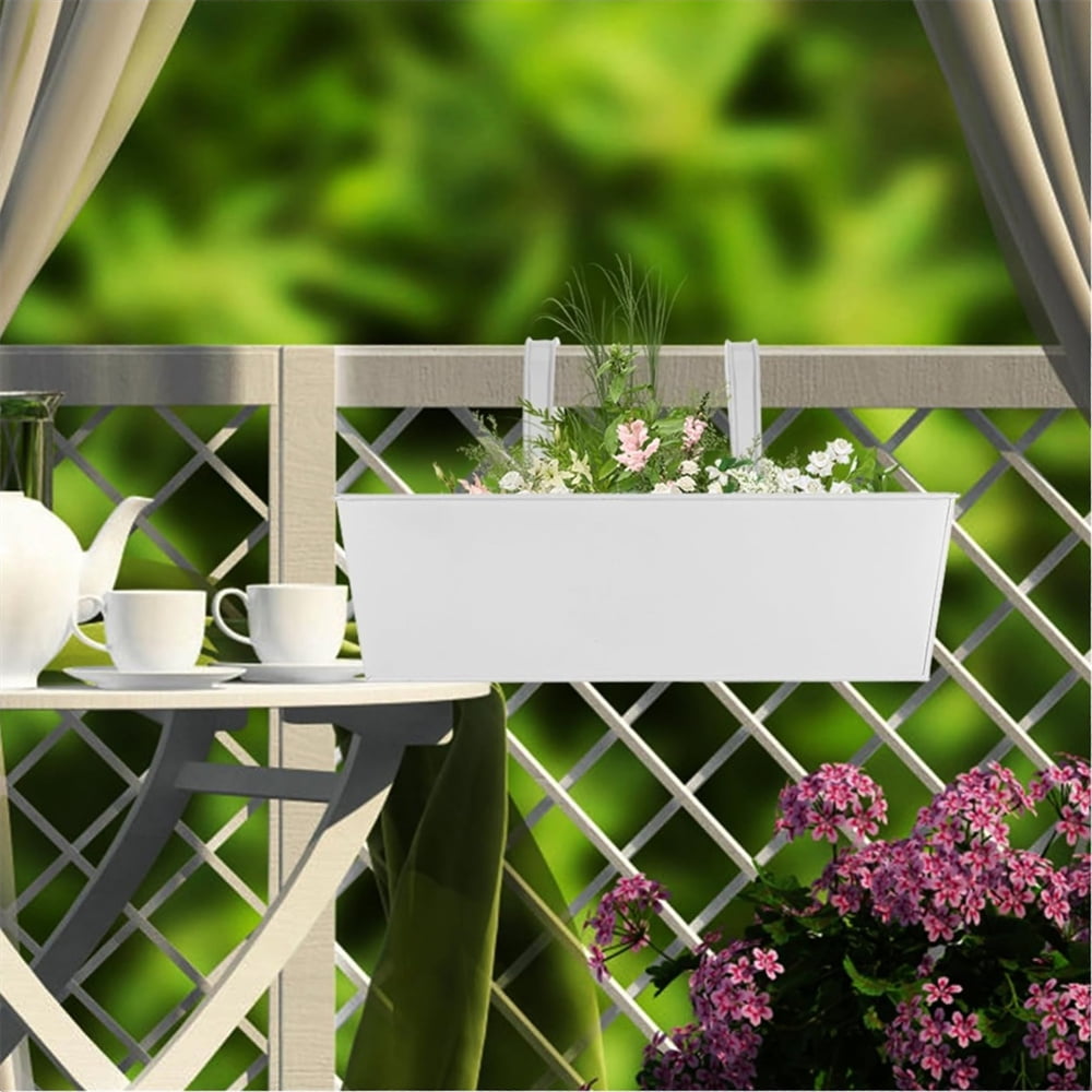 Scheam White Metal Railing Planter,2 Pcs Rectangular Hanging Flower Pots with Detachable Hooks,Large Window Planter Boxes,Countryside Style Fence Flower Buckets,for Indoor Outdoor