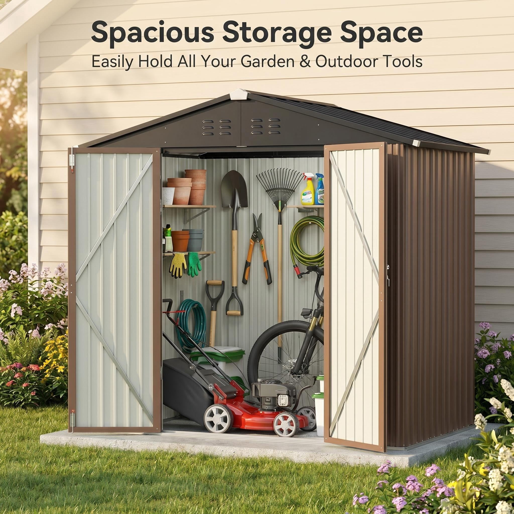 Lofka 6 x 4 FT Outdoor Storage Shed, Tools Storage Garden Shed with Lockable  Door for Outsides, Brown