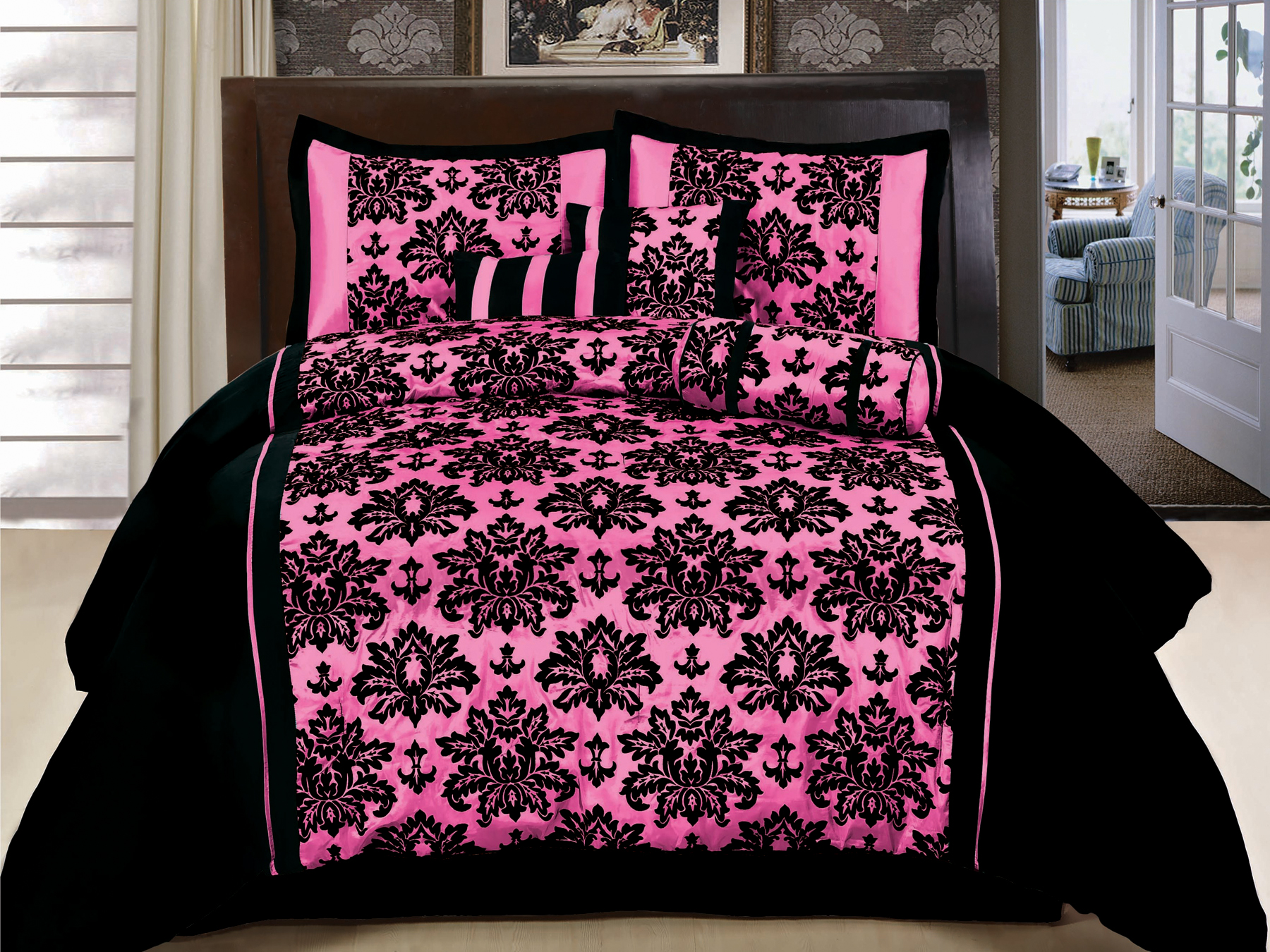 7Pc Silky Satin Flocking Damask Floral Striped Comforter Set Queen Hot