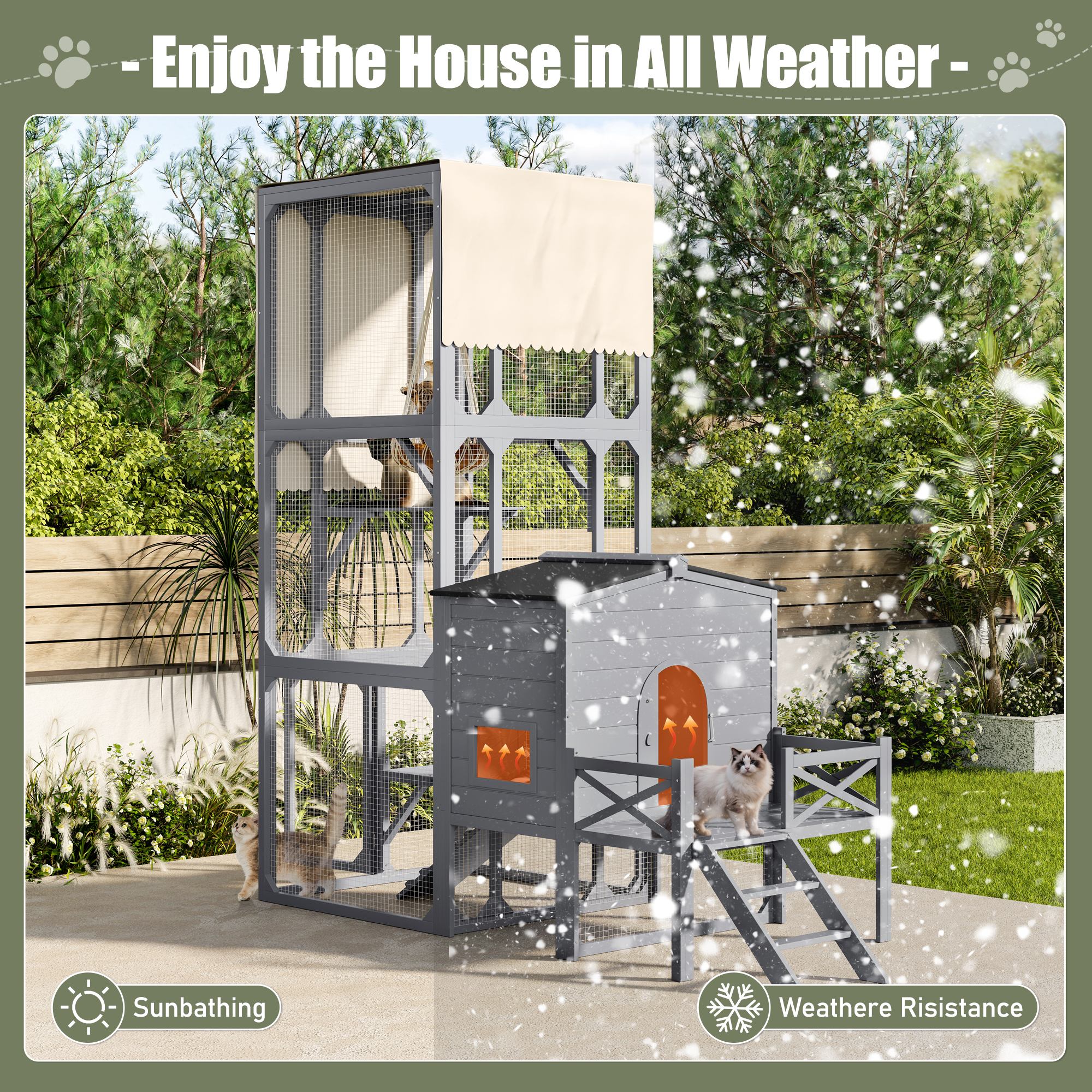 Llinc Store Catio Cat House Outdoor Large Cat Enclosure, Wooden Cat Cage Outdoor with Jumping Platforms and Cat Swing, Removable Waterproof Cover, UV Resistant, 2 Combination, Gray