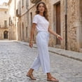 thumbnail image 5 of Women's Casual Barrel Pants Summer Striped Drawstring Wide Leg Trousers Beach Lounge Capri Pants with Pockets Sky Blue 2XL, 5 of 8