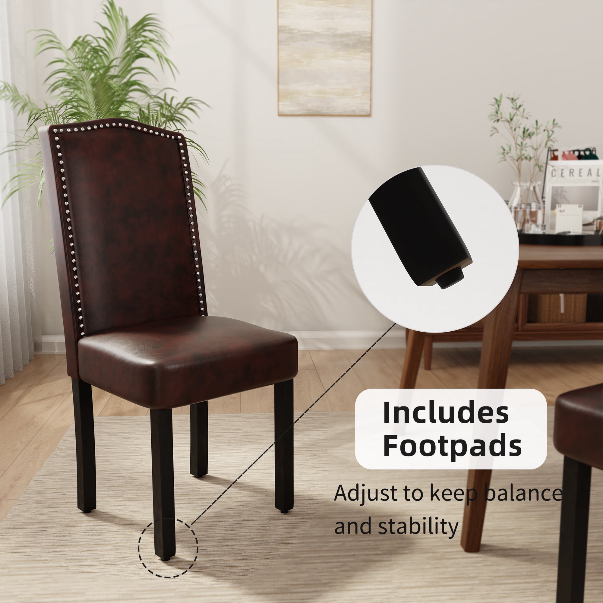 DONICK Mid Century Upholstered Dining Chairs,High-End Dorsal Side Chairs Nailhead Trim Wood Legs for Kitchen(PU,Brown,Set of 2)