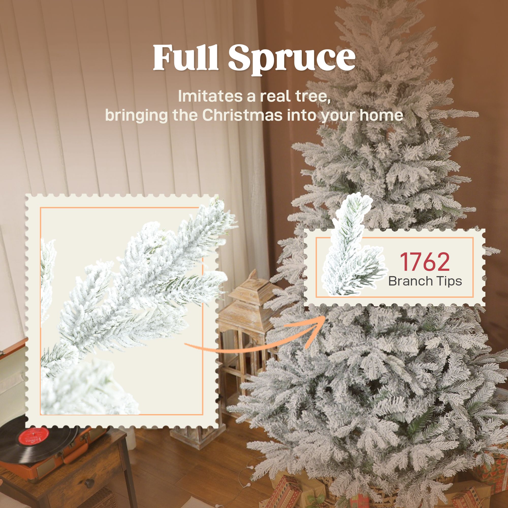7.5 ft Artificial Frosted Christmas Tree with Realistic Branches, Full Spruce, Hinged Xmas Tree, Easy Assembly