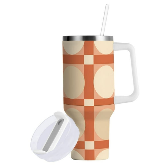 Yayeee 40oz Stainless Steel Tumbler with Straw and Handle Double-Wall Insulated Travel Water Bottle, Beige Geometric