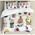 thumbnail image 1 of Dessert King Size Duvet Cover Set, Yummy Cupcake Medley with Sprinkled Frosting and Cherry on Top Sketchy Illustration, Decorative 3 Piece Bedding Set with 2 Pillow Shams, Multicolor, by Ambesonne, 1 of 3