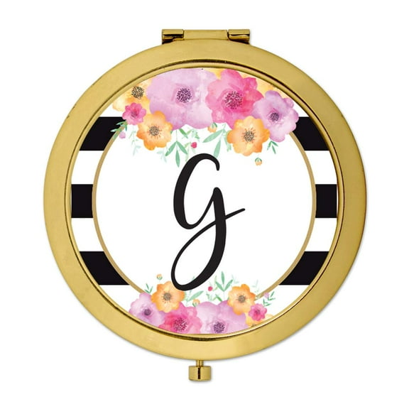 Koyal Wholesale Compact Mirror Bridesmaid's Wedding Gift, Gold, Monogram Letter G, Modern Black White Stripes , 1-Pack