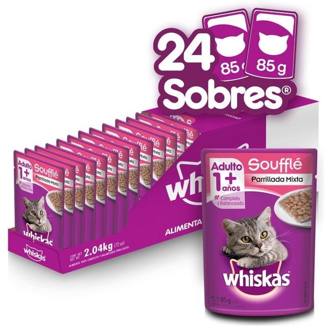 Caja de Alimento Húmedo Pouch Soufflé para Gato Adulto Parrillada Mixta WHISKAS 24 sobres de 85 g
