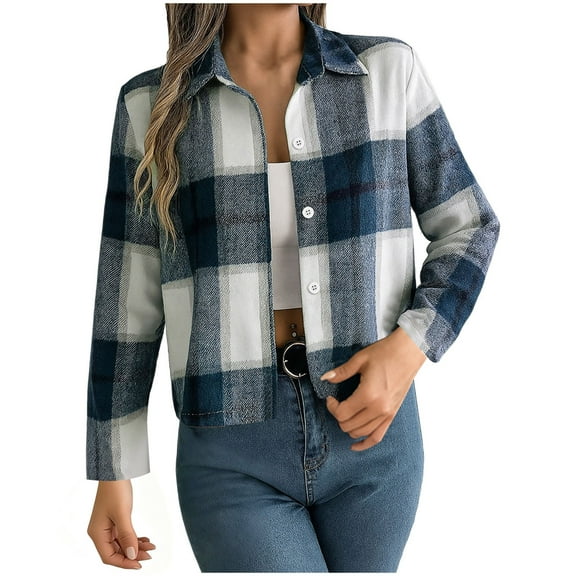 Oplxuo Womens Plaid Cropped Shacket Button Down Flannel Shirts Long Sleeve Light Jacket Fall Winter Fashion Coats