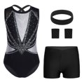 thumbnail image 3 of Aislor Girls Tank Unitards With Shorts Headband Gymnastics Leotard Athletic Ballet Dance Bodysuit Training Outfits Black Silver 16, 3 of 7