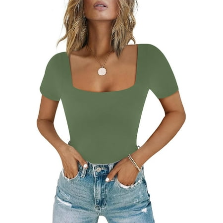 Women s Sexy Square Neck Short Sleeve Bodysuit Tops Double Lined Thong Bodysuit