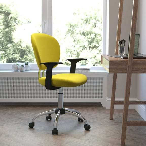 Emma   Oliver Mid-Back Yellow Mesh Padded Swivel Task Office Chair and Arms