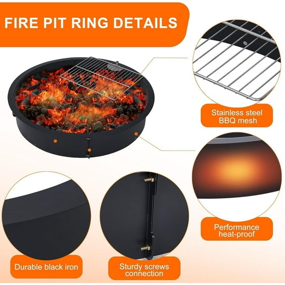 Historyli 36 x 36 x 7.8 Inch Heavy Duty Fire Pit Ring with 360° Rotatable BBQ Grill,High-Temp Resistant Steel Fire Pit Liner,Easy-Install Outdoor Fire Ring for Patio,Camping,Bonfire Parties,Black