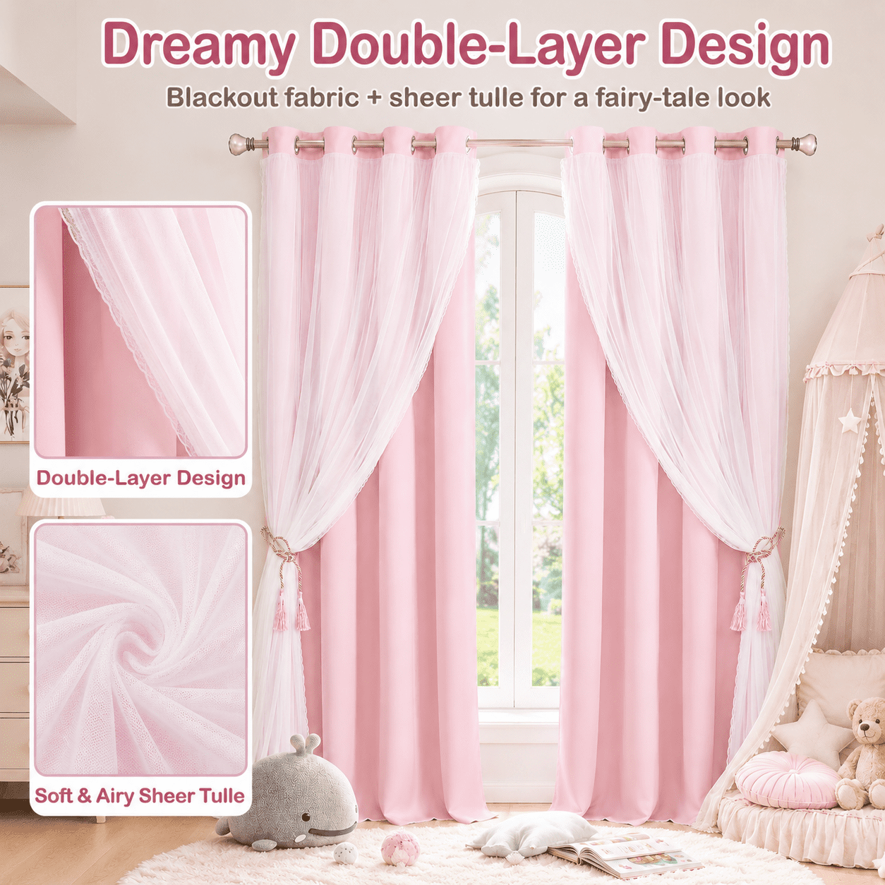 Lapalife Blackout Double Layer Curtains 63inches with Sheer Thermal Insulated Grommet Window Panel for Nursery Bedroom Living Room, 1 Panel