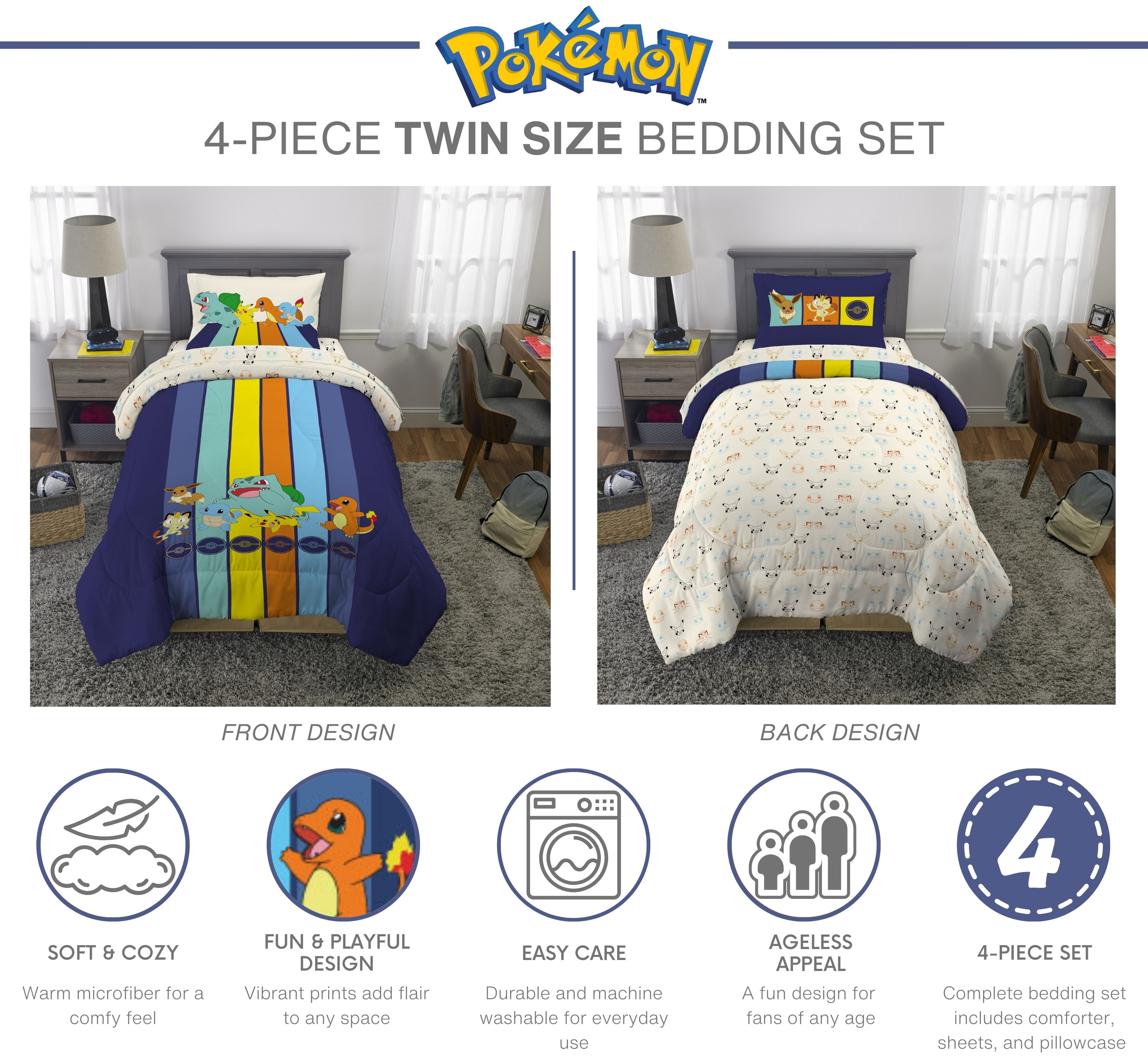 Pokemon Kids 4 Piece Reversible Comforter, Pillowcase, and Sheet Set, Twin