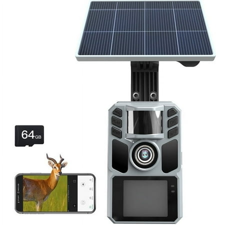 Trail Camera Solar Trail Cam – 4K 64MP Trail Cameras with Night Vision IP67 Waterproof Camera for Deer Wildlife Monitoring Hunting with 64GB Memory Card