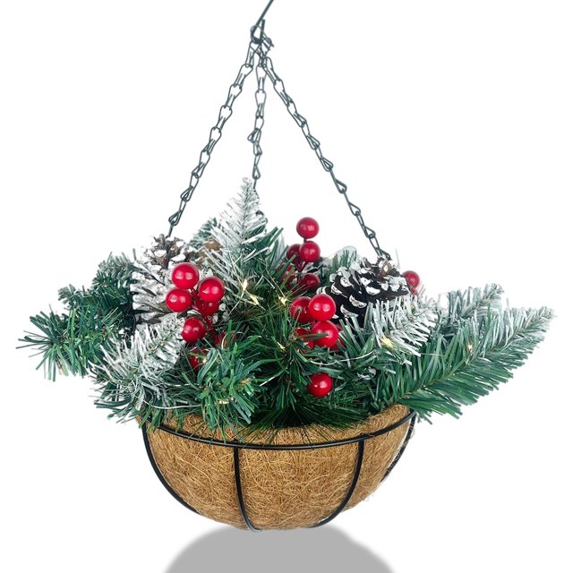 Feliz Navidad Cesta Colgante Luces Frosted Conos Ramas Bayas Decoración Ventana Colección Puerta Inicio Puerta interior Pórche Scienceny HA010144-00