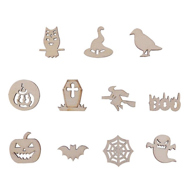 100Pcs Unfinished Wood Craft Pieces Halloween Graffiti Wooden Chip DIY Arts