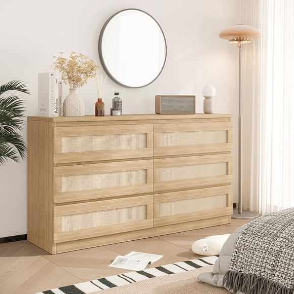 6 Drawer Double Dresser for Bedroom, Rattan Dresser with Smooth Mental Slide, Modern Wood Chest for Closet, Living Room, Hallway, Natural