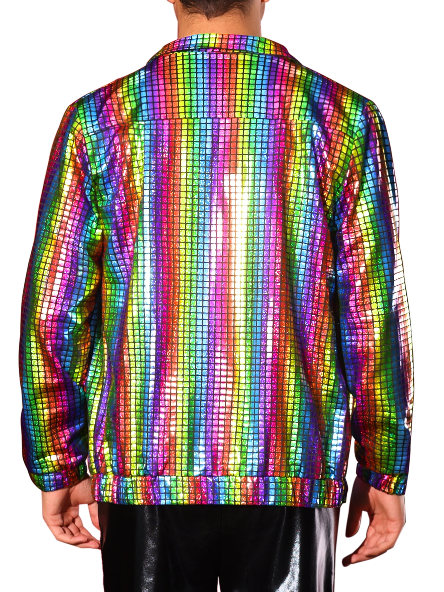INSPIRE CHIC Holographic Jacket for Men's Metallic Long Sleeve Stand Collar Party Disco Shiny Jackets XL Multicolor