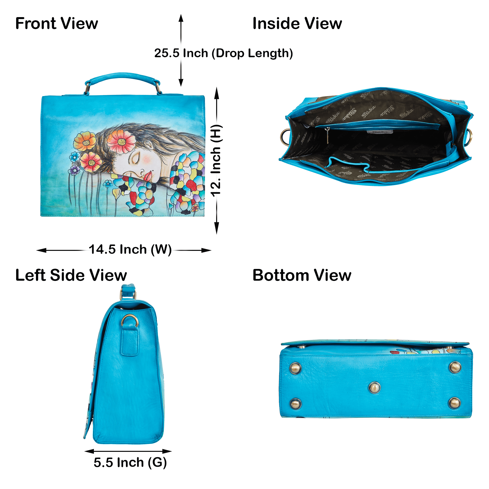 Sishka Womens Beautiful Dream Hand-Painted Leather Ladies Bags – Blue Business Shoulder, Crossbody Messenger & Laptop Briefcase