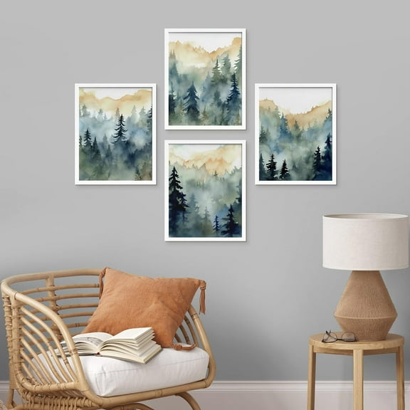 PixonSign Framed Wall Art Watercolor Pine Tree Forest Mountain, Set of 4 Nature Wilderness Wall Decor Prints, Floral Wall Décor, Adhesive Canvas Poster, Modern Home Artwork - 8"x10" White